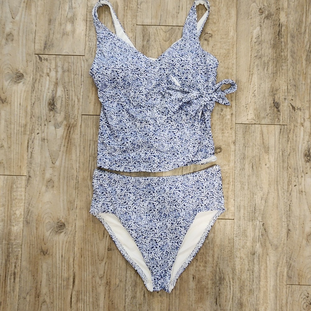 Lands End Blue White Floral Wrap Tankini Set